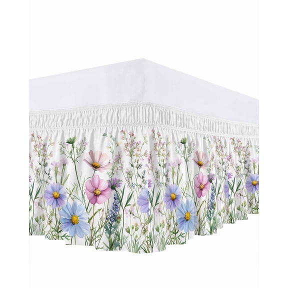 Retro Pink Bed Skirt Queen Size 16" Drop Blue Wildflowers Country Floral Herbs Farmhouse Ruffled Wrap Around Bed Skirts Adjustable Elastic Bedskirt Dust Ruffle for Queen Size Bed