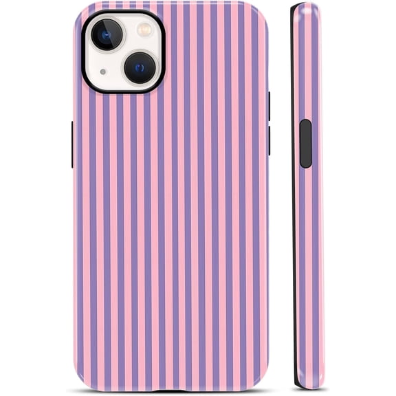 Retro Pink Blue Stripe Phone Case for iPhone 13 mini 5, 4", Trendy Striped Vertical Lines Print Glossy Phone Cover Shockproof Soft TPU Hard PC Protection Girls Boy Funda