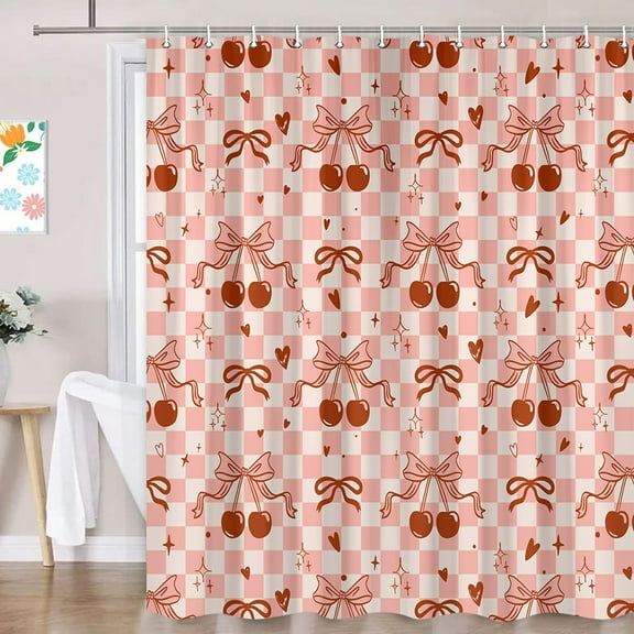 Retro Pink Bow Cherry Shower Curtain, Boho Modern Cute Checkered Plaid Aesthetic Chic Girly Bathroom Decor, Sweet Heart Valentines Fabric Bath Curtain Accessory Set with Hooks 69X70IN