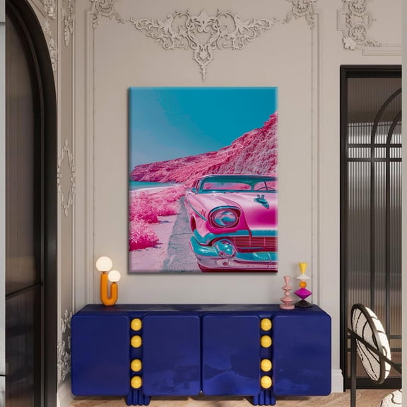 Retro Pink Car Wall Art, Synthwave Landscape Poster Vintage Style Wall Decor , Poster Print Only