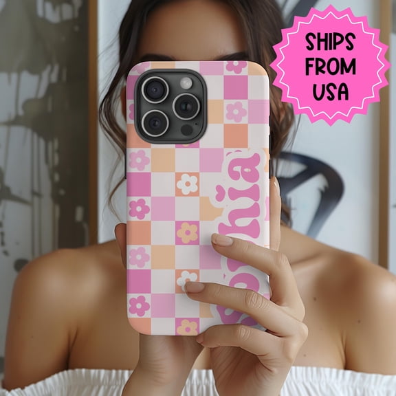 Retro Pink Checkered MagSafe Case for iPhone Vintage Grid Floral