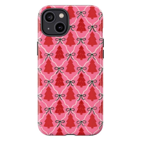 Retro Pink Christmas Geometric Phone Case, Red Tree and Ribbon Design for iPhone 17 16 15 14 13 12 11 Pro Plus Mini