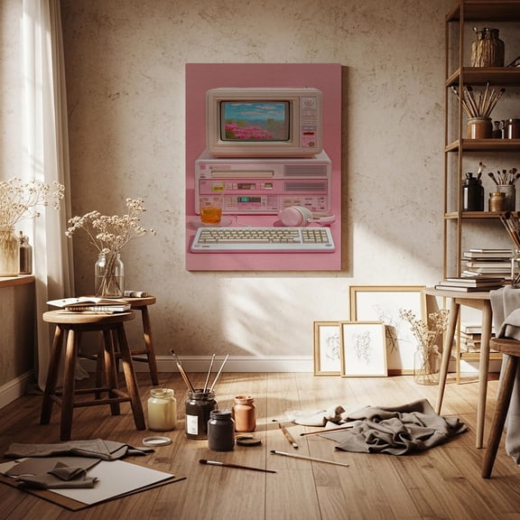 Retro Pink Computer Art, Vaporwave Tech Poster Vintage Style Wall Decor, Poster Only