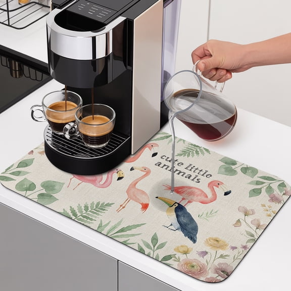 Retro Pink Flaming Birds Dish Drying Mats for Kitchen Counter, Green Leaf Plants Flower Cute Little Animal Absorbent Coffee Bar Mat with Non-slip Rubber Backed Quick Drying Dish Rack Pad 12"x16"