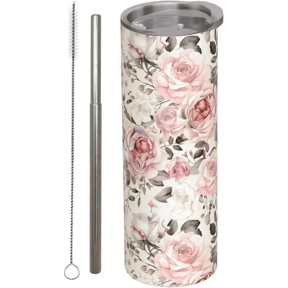 Retro Pink Floral Stainless Steel Insulated Tumbler with Lid and Straw - 20oz Rose Flower Travel Mug, Reusable Metal Straw & Brush, Double-Wall Vacuum Bottle Cup for Hot and Cold Drinks,Gifts