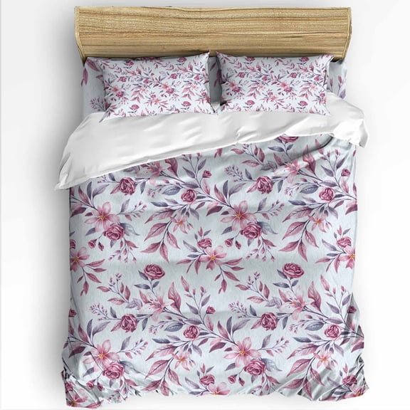Retro Pink Flower King Size Comforter Set, Blue Leaf Plant Country Watercolor Soft Bedding for All Seasons, 4 Pcs Bed Set with 1Comforter (90"x106") ,1 Sheet(94"x116"), 2 Pillowcases (19"x35")