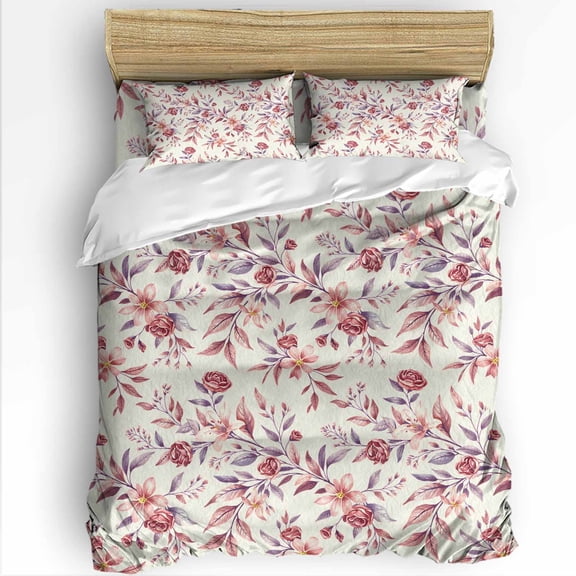 Retro Pink Flower King Size Comforter Set, Purple Leaf Plant Country Watercolor Soft Bedding for All Seasons, 4 Pcs Bed Set with 1Comforter (90"x106") ,1 Sheet(94"x116"), 2 Pillowcases (19"x35")