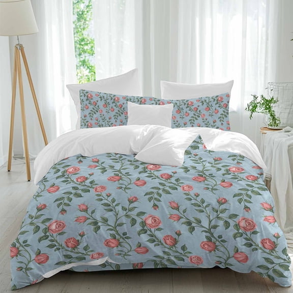 Retro Pink Flower Queen Size Comforter Set, Floral Leaf Plant Blue Country Watercolor Bedding for All Seasons, 4 Pcs Bed Set, 1Quiltcover (90"x92") ,1Sheet(94"x116"), 2Pillowcases (30"x20")