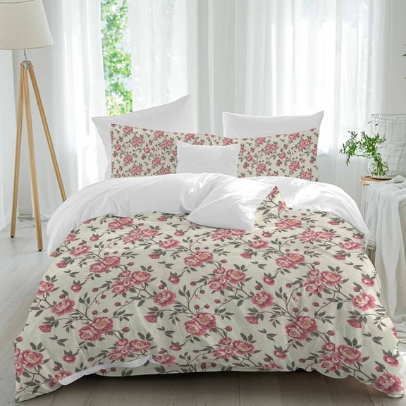 Retro Pink Flower Queen Size Comforter Set, Floral Leaf Plant Country Watercolor Bedding for All Seasons, 4 Pcs Bed Set, 1Quiltcover (90"x92") ,1Sheet(94"x116"), 2Pillowcases (30"x20")