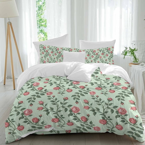 Retro Pink Flower Queen Size Comforter Set, Green Leaf Plant Country Watercolor Bedding for All Seasons, 4 Pcs Bed Set, 1Quiltcover (90"x92") ,1Sheet(94"x116"), 2Pillowcases (30"x20")
