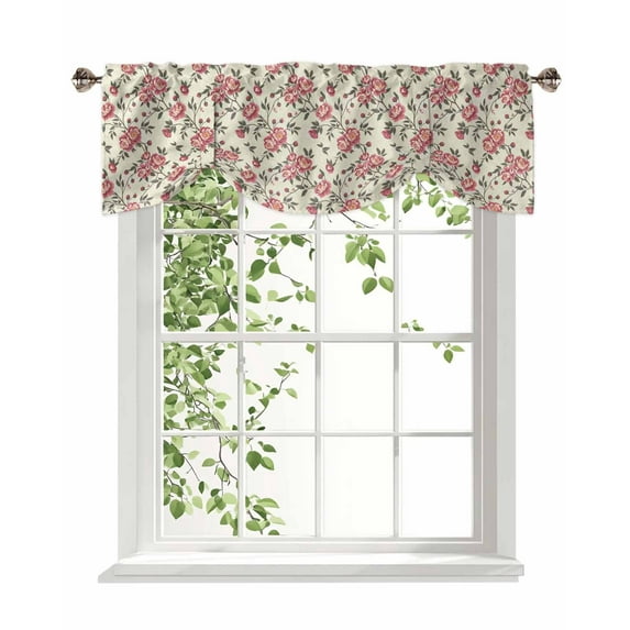 Retro Pink Flower Tie Up Valances Curtain, Adjustable Kitchen Floral Leaf Plant Country Watercolor Valances for Windows Decor, Rod Pocket Short Curtains Set for Bedroom/Bathroom, 60"x18"