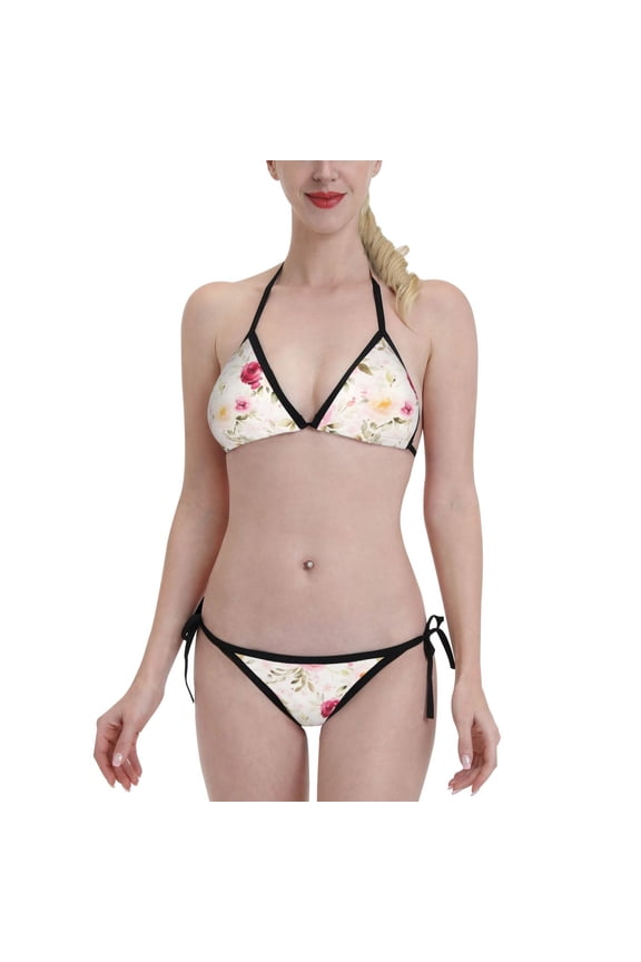 Retro Pink Flowers Floral Women's Bikini Set Two Piece Swimsuit Triangle Bathing Suit Adjustable Beach Swimwear