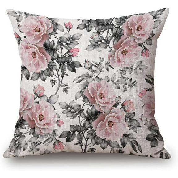 Retro with Pink Flowers and Leaves on White Watercolor Floral Pattern Rose in Pastel Color Painting Cotton Linen Square Throw Waist Pillow Case Decorative Cushion Cover Pillowcase Sofa 18"x 18"