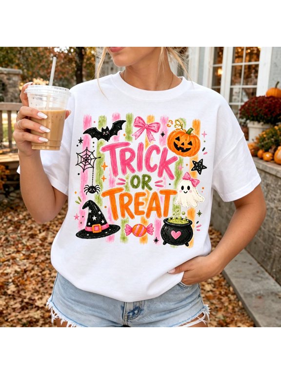Retro Pink Halloween Trick Or Treat Graphic Tee Coquette Aesthetic Short Sleeve Varsity Style Top For Women