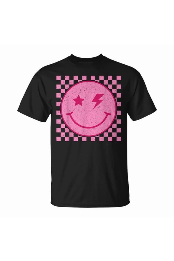 Retro Pink Happy Face Checkered Pattern Graphic Tee Unisex Adult Cotton Shirt for Trendy Casual Wear, Fun Vintage Aesthetic Outfit, Y2K Style Gift Idea, Size S, Color Black