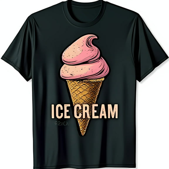Retro Pink Ice Cream Graphic Black T-Shirt with 'ICE CREAM' Text