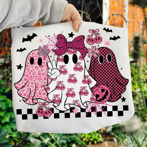 Retro Pink Leopard Pumpkin Ghost T-Shirt, Halloween Girly Ghost Shirt, Retro Checkered Ghosts Pumpkin Cherries T-Shirt, Cute Spooky Shirt