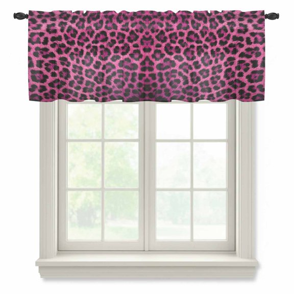 Retro Pink Leopard Semi Sheer Valance Curtains Abstract Classic Texture Voile Valances Curtain Rod Pocket Small Window Treatment for Kitchen Bathroom Cafe 60"x18"