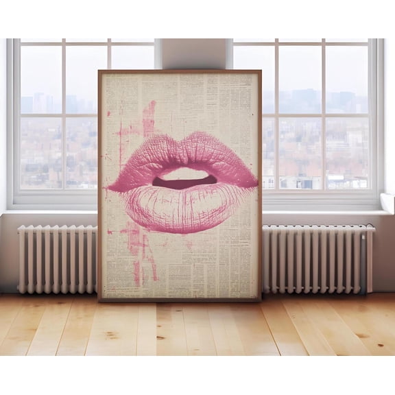 Retro Pink Lips Art Poster, Pop Art Lipstick Kiss On Vintage Newspaper, Grunge Wall Art, Bold Abstract Lips Poster, Feminine Aesthetic Decor, Unframed Poster Size 24x36