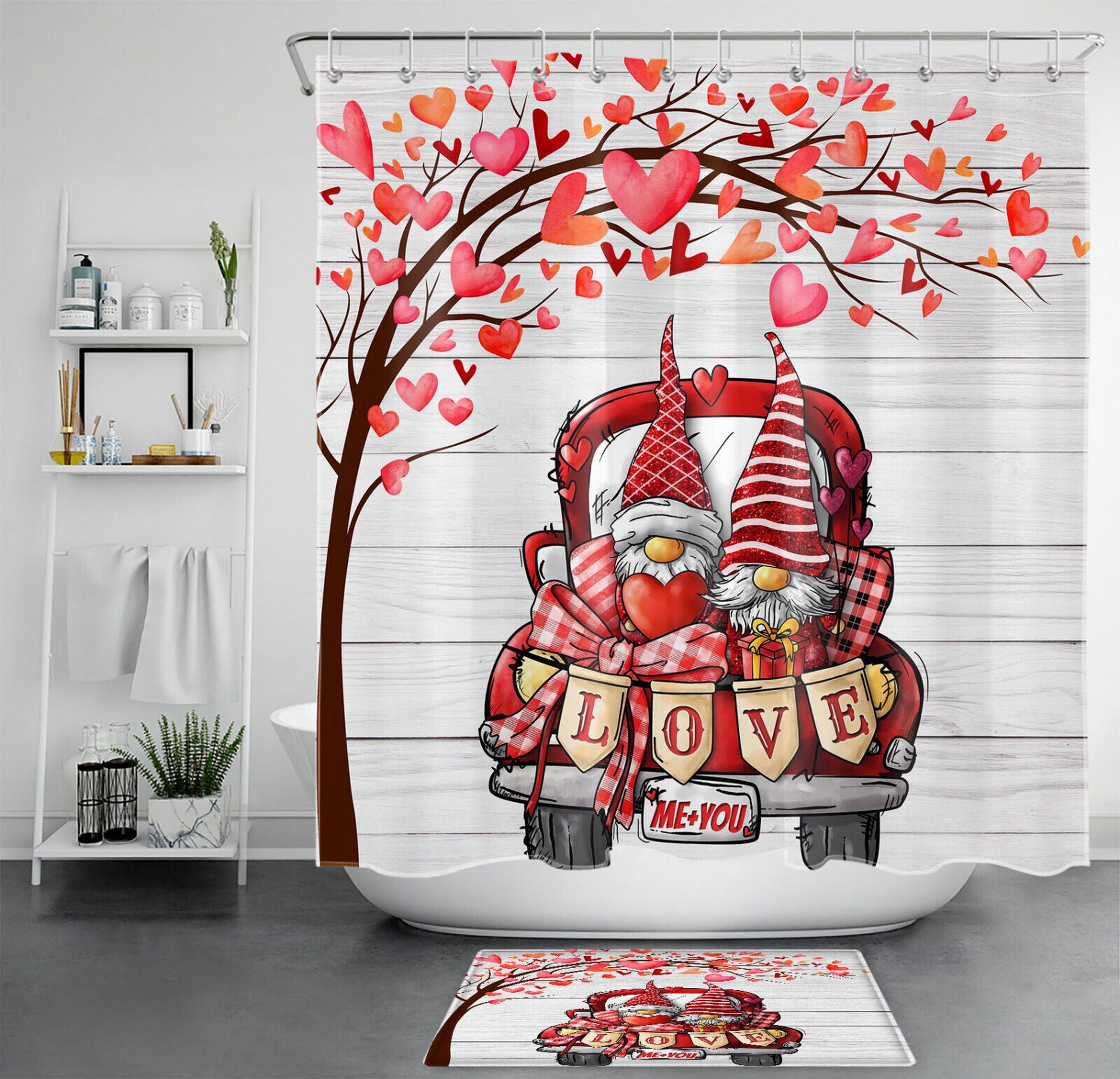 Retro Pink Love Red Gnome Valentine's Day Shower Curtain Set for Bathroom Decor