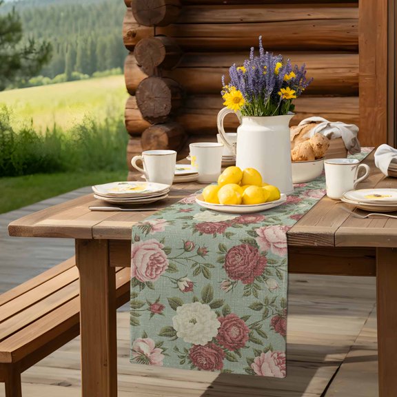 Retro Pink Red White Flowers Table Runner 13x90in Non-Slip Cotton Linen Table Runners, Country Floral Art Dresser Scarves TableRunner for Dinner Kitchen Dining Wedding Party