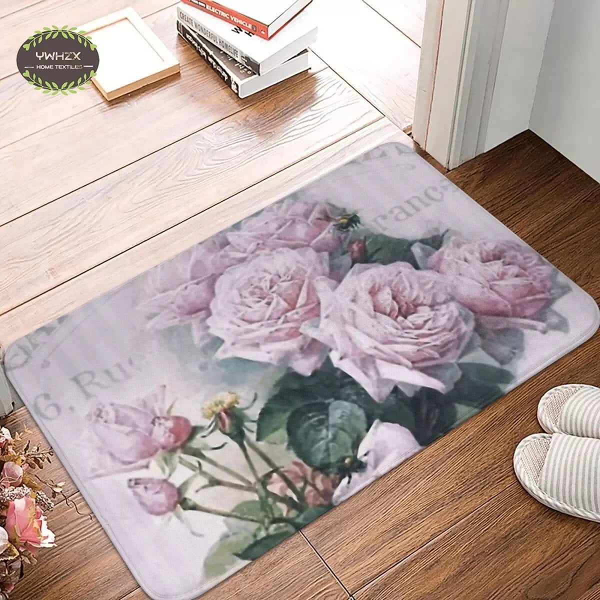 Retro Pink Rose Carpet Door Mat Entrance AntiSlip Shower Bath Kitchen