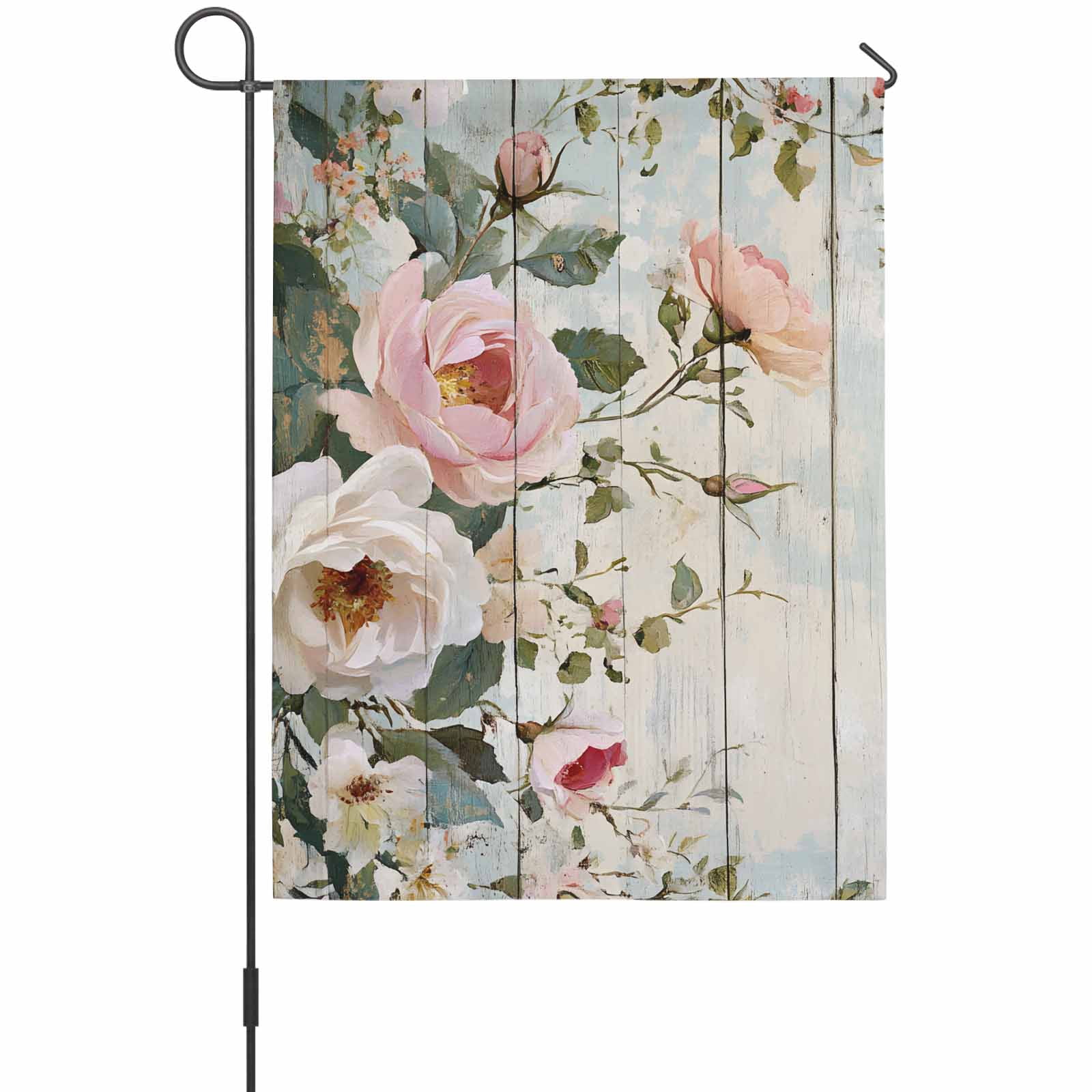 Retro Pink Rose House Flags For Outdoor, White Flowers Leaf Blue Board Pastoral Small Double Side Yard Flags Weather Proof House Decor for Lawn Outside Holiday 28 x 40 Inches