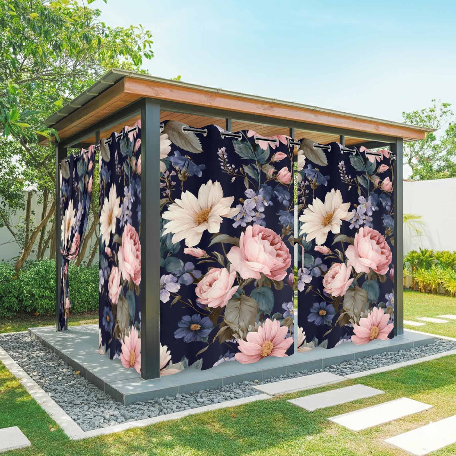 Retro Pink Rose Outdoor Curtains for Patio, White Blue Daisy Purple Flower Spring Plant Sunshade Privacy Drapes Grommet Waterproof Outside Curtains for Porch/Cabana/Balcony 54"x 108", 1 Panel