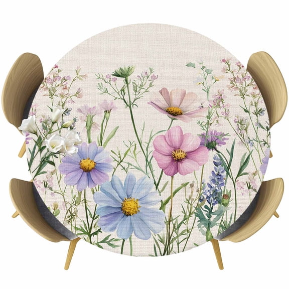 Retro Pink Round Fitted Table Cover Blue Wildflowers Country Floral Herbs Linen Texture Waterproof Table Cloth with Elastic Edge Wipeable Tablecloth for Picnic Camping Party Fits 55"-60" Diameter