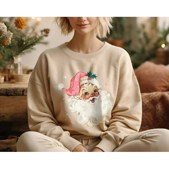 Retro Pink Santa Christmas Sweatshirt Gift for Her, Pink Christmas PJs Matching Family Pajamas Retro Christmas Shirt Vintage Holiday Sweater