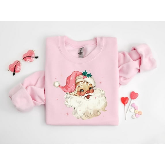 Retro Pink Santa Sweatshirt | Vintage Christmas Face Graphic Pullover