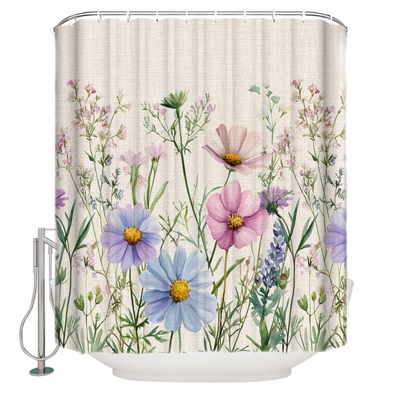Retro Pink Shower Curtain, 66" x 72", Blue Wildflowers Country Floral Herbs Linen Texture Waterproof Bathroom Curtain Washable Shower Curtain Set with 12 Hooks