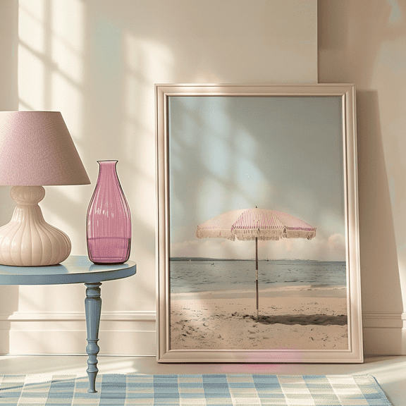 Retro Pink Single Beach Umbrella Summer Poster, Coastal Wall Art, Poster Only, Poster Home Decor, Poster Only