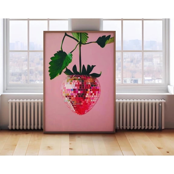Retro Pink Strawberry Disco Ball Poster, Kitchen Poster, Bar Cart Poster, Funky Food Home Decor, Preppy Citrus Fruit Wall Art, Diy Decor1027, Unframed Canvas Size 8x12