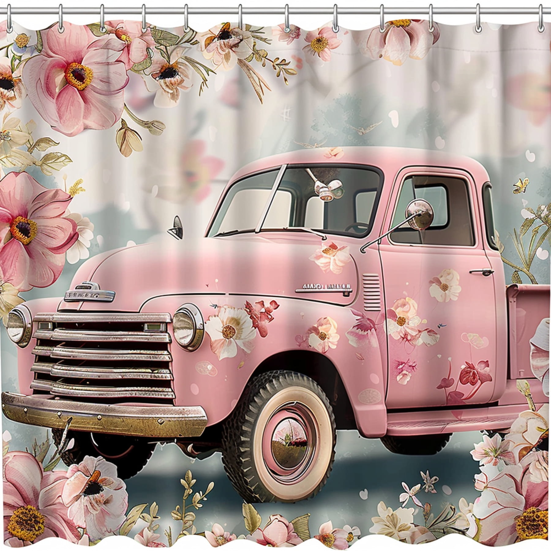 Retro Pink Truck Floral Shower Curtain Stylish Bathroom Decor with