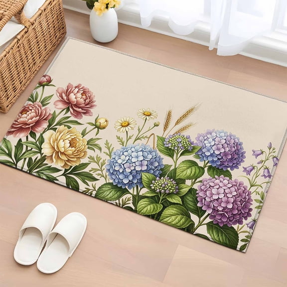 Retro Pink Yellow Flower Washable Area Rug 2 x 3 ft Purple Blue Hydrangeas Green Leaf Classic , Soft Non Slip Rugs Stain Repellent Indoor Felt Carpet for Living Dining Room Bedroom Home Office