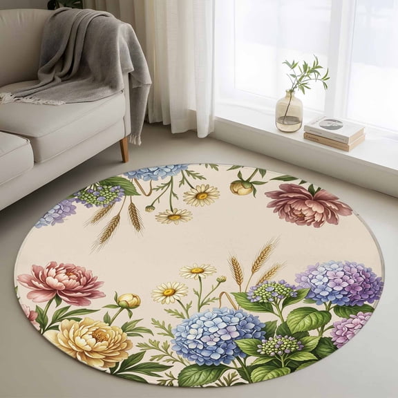 Retro Pink Yellow Flower Washable Round Area Rug 3 ft, Purple Blue Hydrangeas Green Leaf Classic , Soft Non Slip Rugs Stain Repellent Indoor Felt Carpet for Living Dining Room Bedroom Home Office