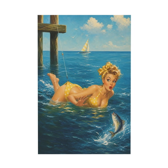 Retro Pinup Girl Fishing Beach House Canvas Wall Art for Living Room or Bedroom 16"x24 in