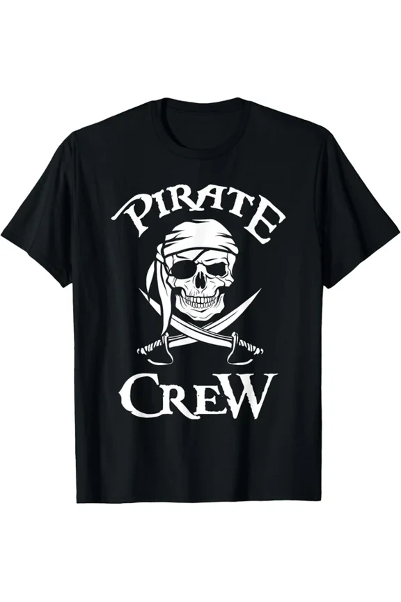 Retro Pirate Crew Graphic T-Shirt - Vintage Skull and Crossbones Eye Patch Bandana Design - Unisex Nautical Adventure Apparel - Black Short Sleeve Tee