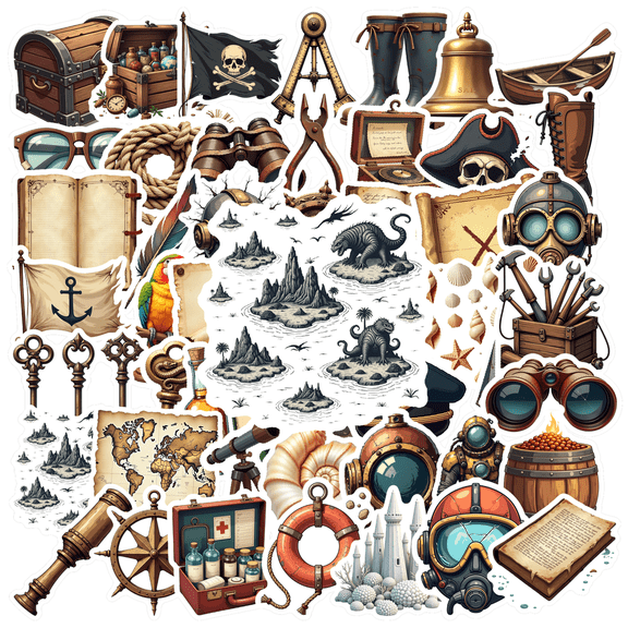 Retro Pirate Stickers, Waterproof Treasure Hunt Sticker for Water Bottle Laptop Phone Cases Planner Skateboard Luggage Helmet Party Favor Decor, Ideal for Adults Teens Teacher Rewards