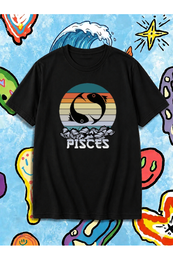 Retro Pisces Zodiac Fish Sunset Vintage Astrology T-Shirt, for men & women, S-5XL
