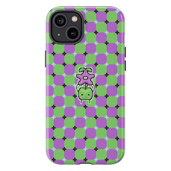 Retro Pixel Alien iPhone Case, Cute Green Alien & Purple Grid Pattern Aesthetic, Gamer Style Protective Phone Cover for iPhone 16 15 14 13 12 11 Pro Max Plus Mini