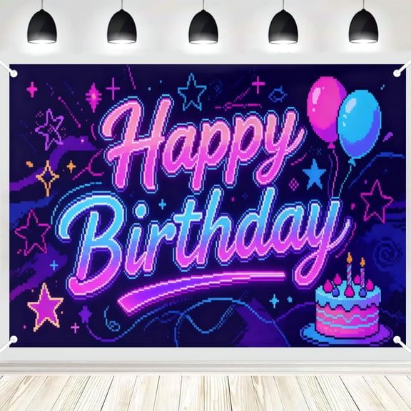 Retro Pixel Art Cake Star Gradient Neon Happy Birthday Backdrop, Arcade Game Themed Birthday Photo Booth Background Decoration Banner 3x5ft