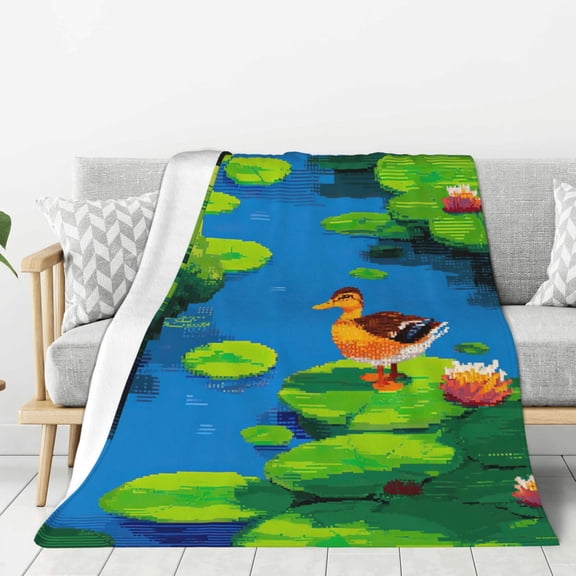 Retro Pixel Art Duck Blanket, 8-Bit Gamer Style Throw, Soft Flannel Fleece for Gaming Room Decor, Arcade Inspired 80x60