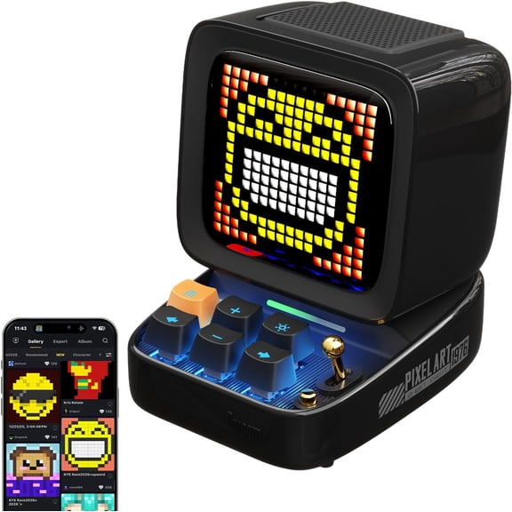 Retro Pixel Art Game Bluetooth Speaker with LED App Controlled Front Screen