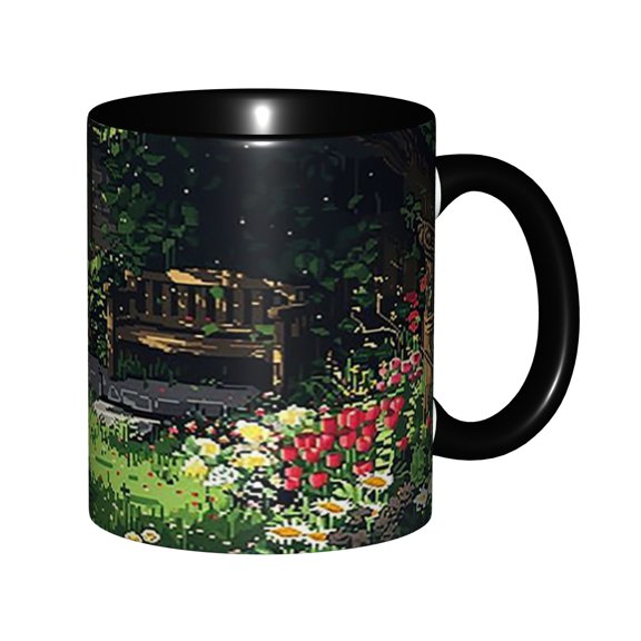 Retro Pixel Art Lush Flower Backyard Garden Ceramic Mug 11oz, 8-Bit Cottage Floral Wooden Bench Scene, Microwave Safe Gift for Retro Gamers & Garden Fans