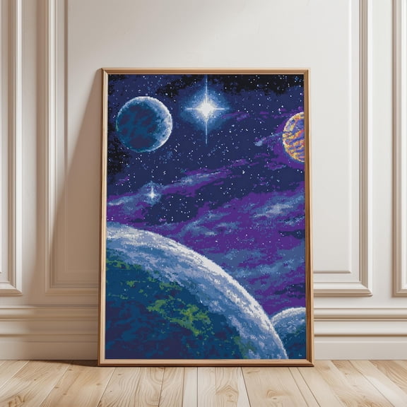 Retro Pixel Art View Futuristic Cosmic Landscape Sci Fi Wall Decor Art Print, Unframed Paper Print