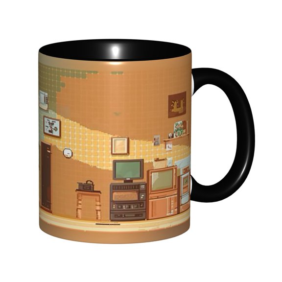 Retro Pixel Art Vintage Living Room Ceramic Mug 11oz - 80s 90s Nostalgic Home Interior 8-Bit Design, Microwave & Dishwasher Safe, Gift for Retro Aesthetic Enthusiasts
