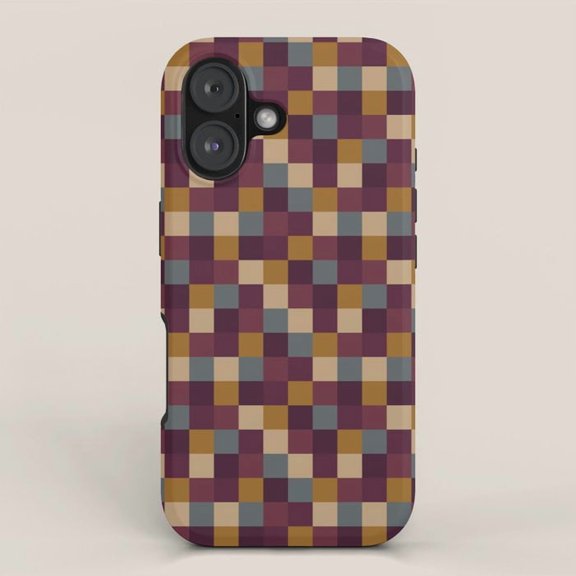 Retro Pixel Checker Tough Case for Apple iPhone, Burgundy, Mustard Gold, Slate Blue and Cream, Dual-Layer