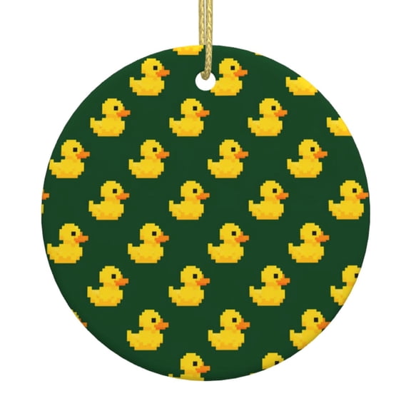 Retro Pixel Duck Pattern Ceramic Christmas Ornament, Round Porcelain Xmas Tree Hanging Decoration